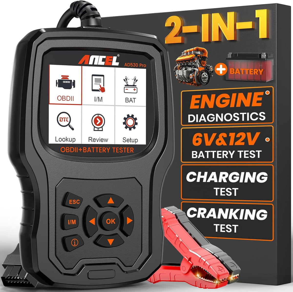 ANCEL AD530 PRO 2 in 1 OBD2 Scanner & Car Battery Tester, Car Scanner Diagnostic Tool with Live Data, 6V 12V Battery Checker with Charging/Cranking Test, Check Engine Code Reader for 1996+ Vehicles