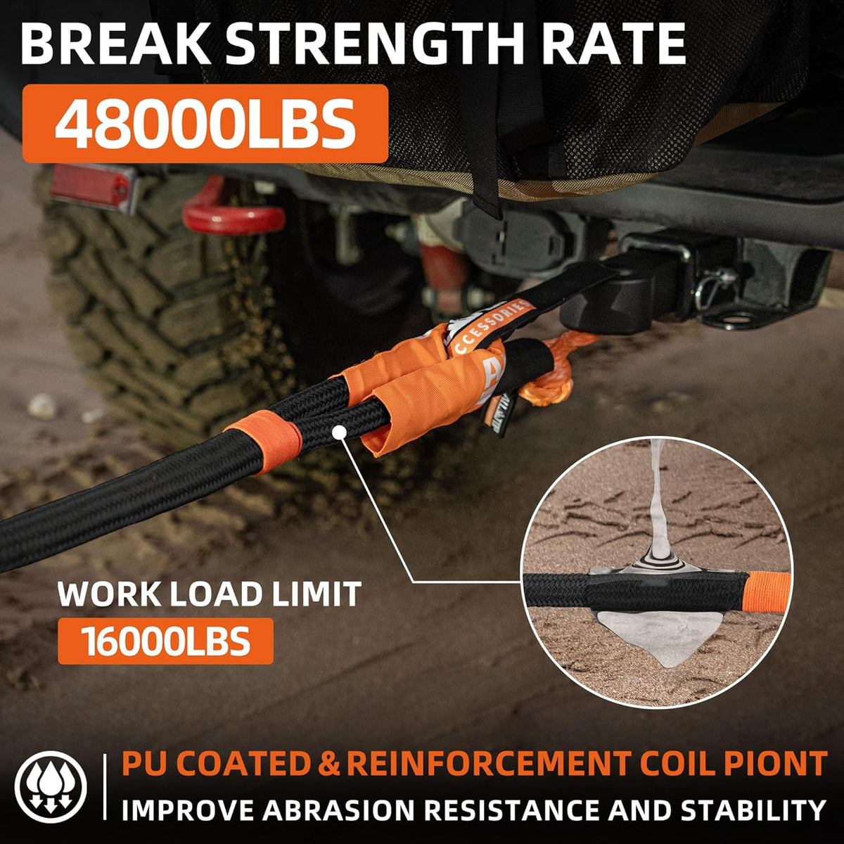 ALL-TOP Kinetic Recovery Rope Kit w/ 2 Soft Shackles, 48000Lbs, 1in x 20ft, Heavy Duty 30+% Elasticity, 16000Lbs Work Load Limit