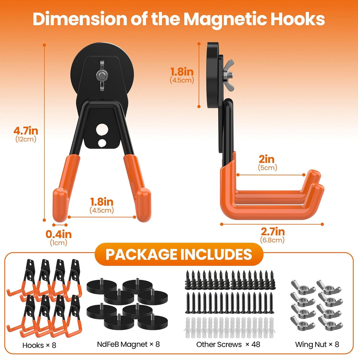 8 Pack Large Heavy Duty Magnetic Hook Extra Strong Magnetic Garage Hooks Big NdFeB Industrial Magnet Hooks Magnetic Utility Storage Holder Organization with Anti-Slip Coating for Hanging Garden Tool