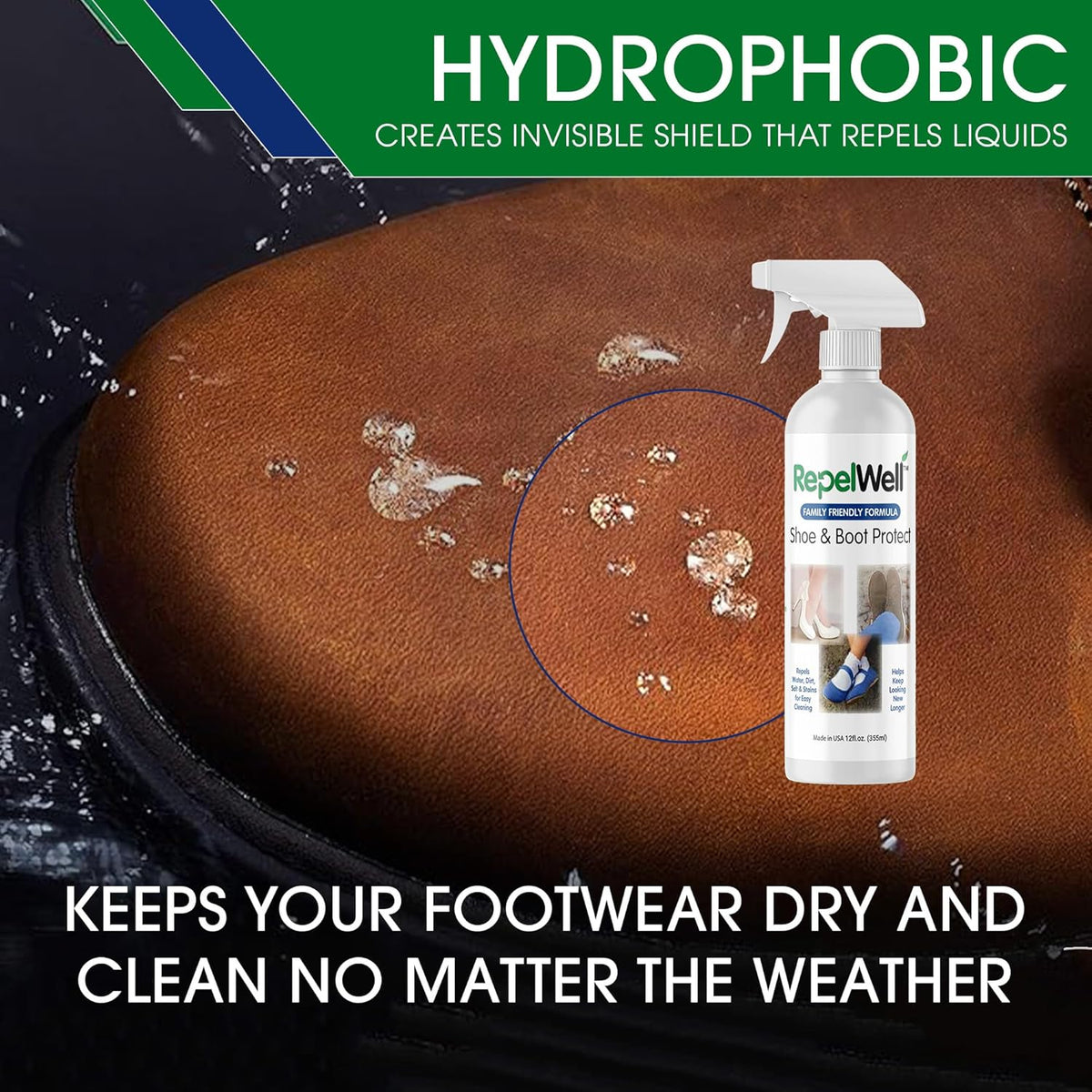 Shoe & Boot Stain & Water Repellent (12oz) Eco-Friendly, Pet-Safe Spray Keeps Fabric, Leather & Suede Clean & Dry