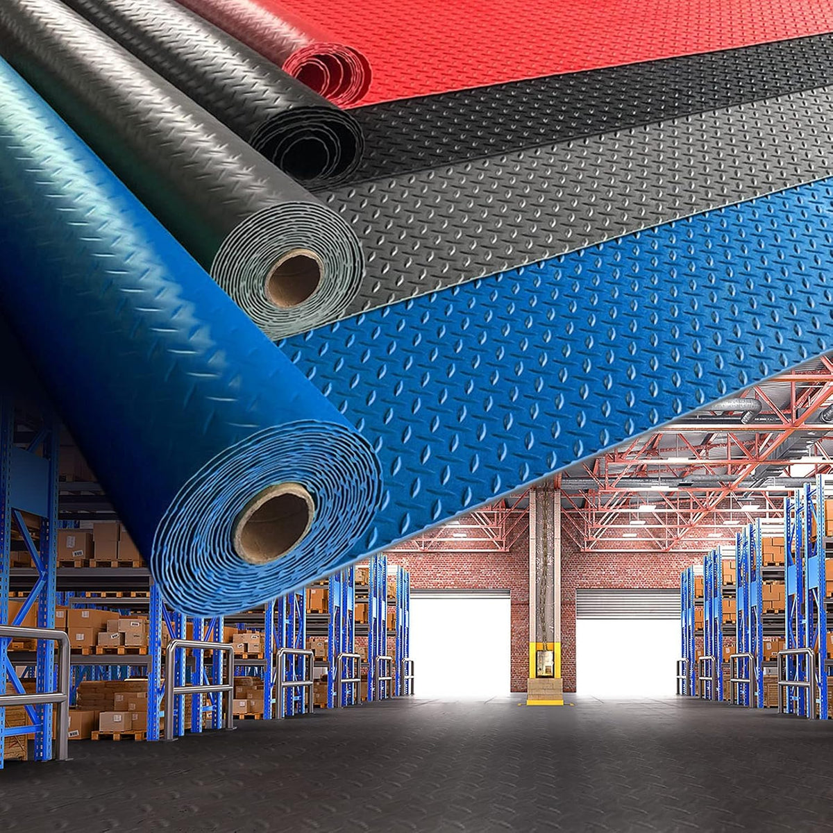 Boshen 5Ft x 12Ft Garage Floor Mat 2.5mm Thickened Rubber Flooring Roll 60sqft Diamond Plate PVC Rubber Trailer Mat Non-Slip Floor Protector Mat for Garage Warehouse Basement Trailer - Red