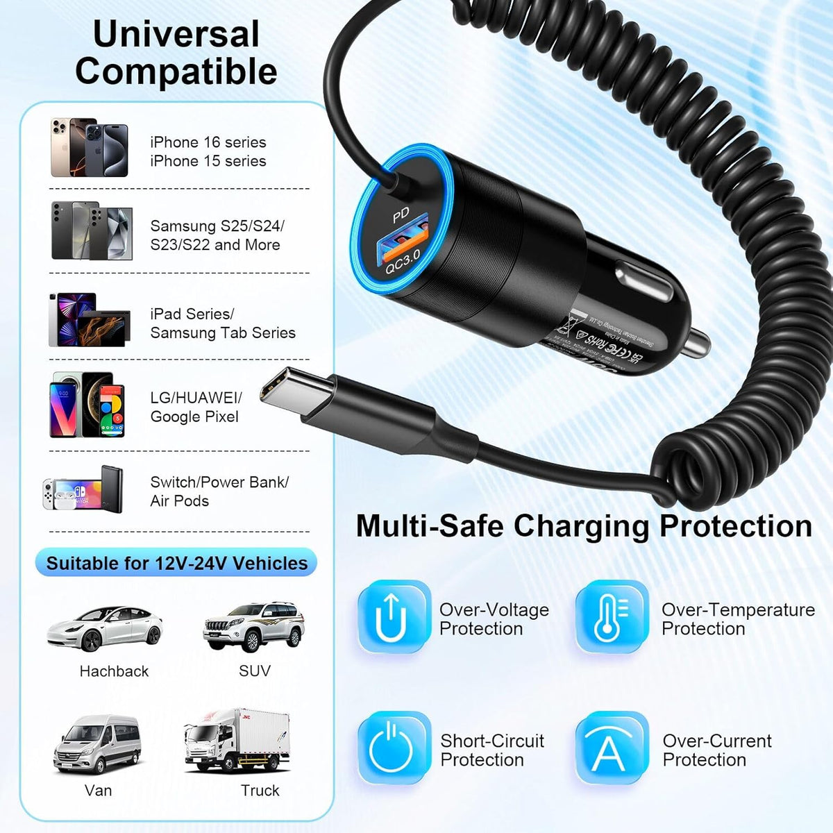 USB C Car Charger Fast Charge,2-Pack 38W PD 3.0 USB C Cigarette Lighter USB Charger with 3.5FT Type C Cable,Car Adapter Compatible with Samsung S25/S24/S23/S22 Ultra,iPhone 16 15 Pro Max SE,iPad,Pixel