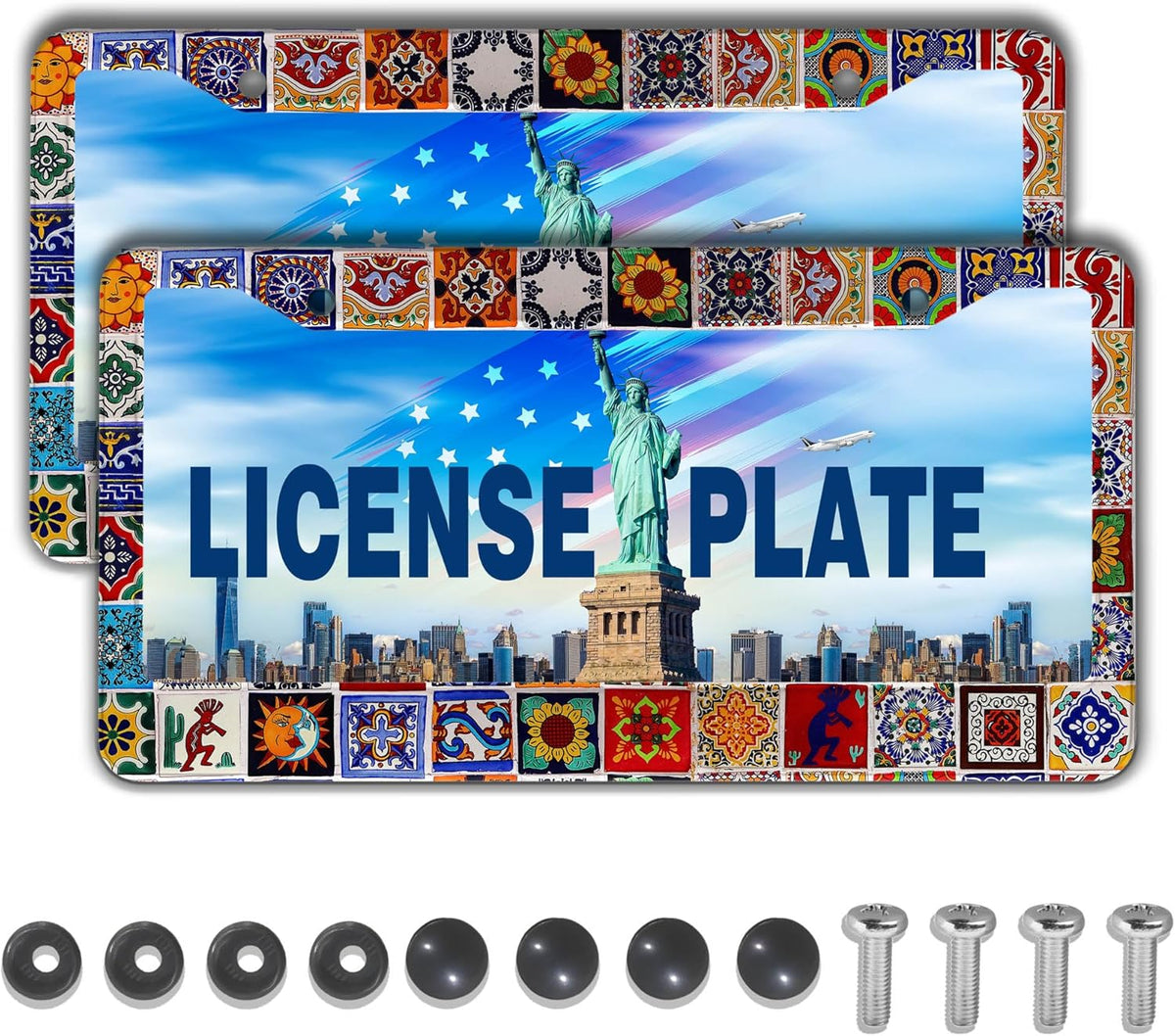 License Plate Protector for Women Multicolor License Plate Frames for Men Mexican Tiles Universal Aluminum Car Accessory 2 Pack with Screw Covers Set