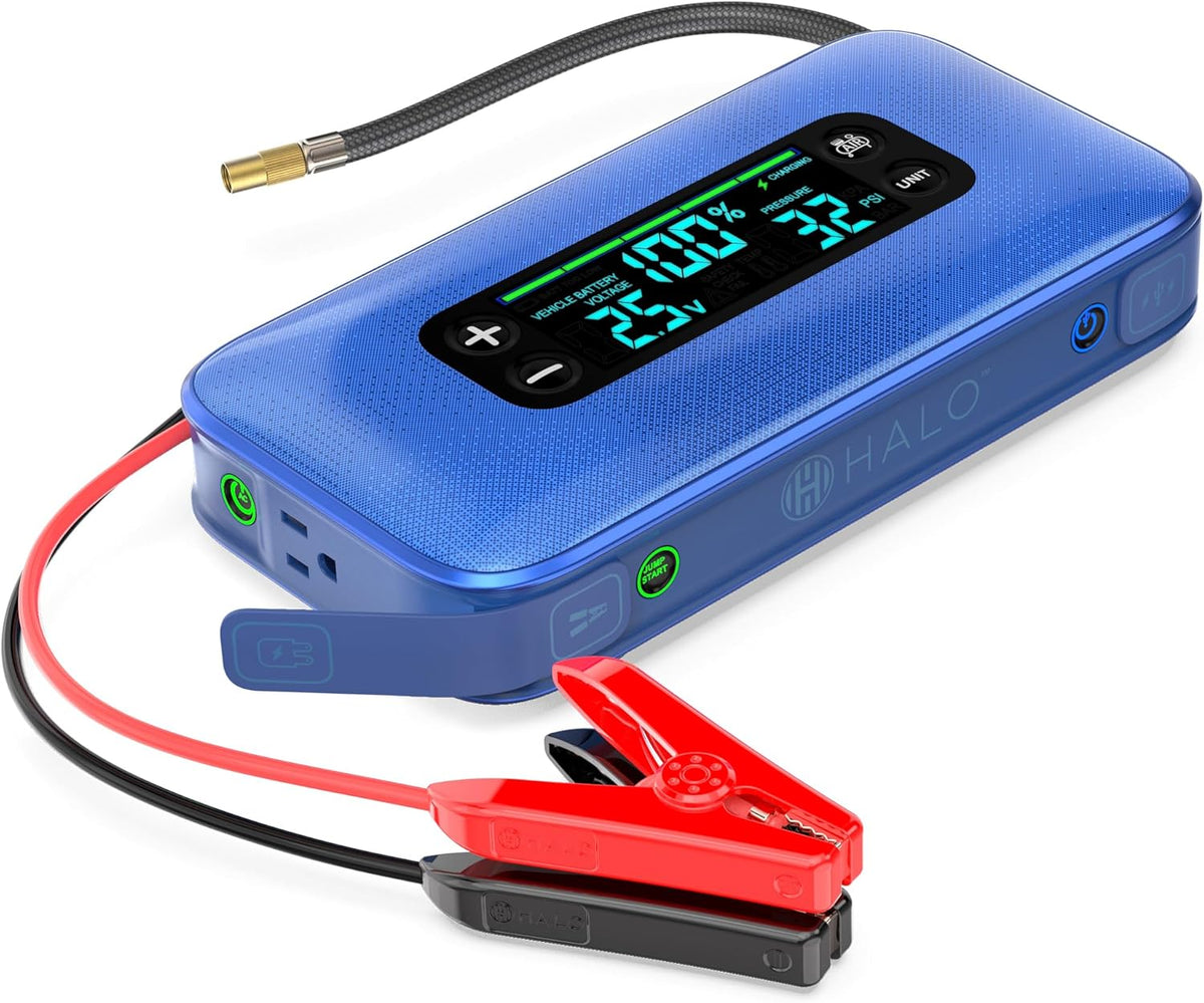 HALO Bolt Ultimate 3 Portable Car Battery Jump Starter | 130 PSI Air Compressor, 55.5Wh USB Power Bank, Large Display, Emergency Floodlight & Charger, Jumps Cars SUVs & Trucks, Inflates Tires — Cobalt