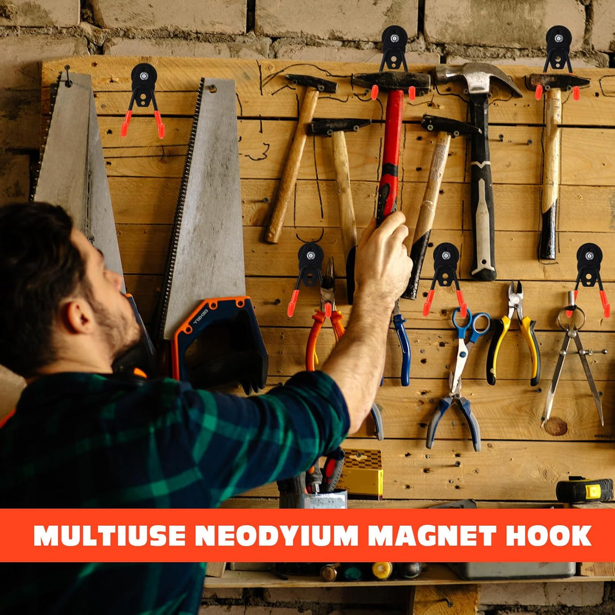 Landhoow Large Magnetic Hooks Heavy Duty Garage Magnet Hooks Strong Storage Utility Magnetic Hangers with Anti Slip Rubber Coating for Indoor and Outdoor Hanging(Orange,14 Pcs)