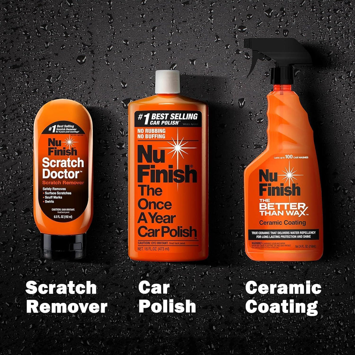 Nu Finish Exterior Finish Detailing Kit, Car Care Kit Protects Car Exterior, Includes Nu Finish Scratch Doctor Car Scratch Remover, Better Than Wax Ceramic Coating and Once A Year Car Polish, 3 Count