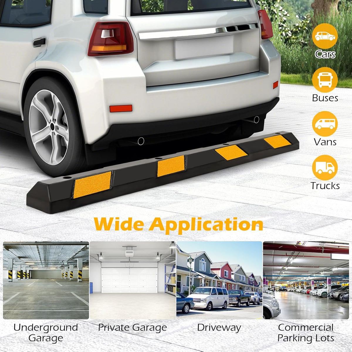 IRONMAX Rubber Parking Curb, 72" Long Car Stopper with Yellow Reflective Stripes, 8800 LBS Weight Capacity Parking Block for Car, Truck, RV, Trailer, Tier Stops for Garage Floor, Driveway (4)