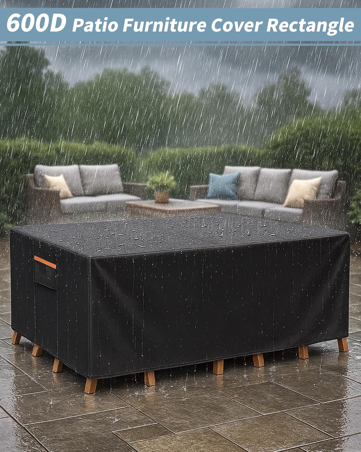 Outdoor Waterproof Furniture Cover, 88W x 62L x 28H inches Heavy Duty 600D Rectangular Table and Chair Set Protection, Black
