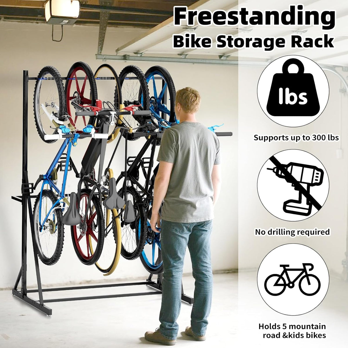 Freestanding Bike Storage Rack Vertical Bike Rack Indoor Garage Floor Stand Heavy Duty Bike Organizer Garage Bicycle Organizer Holds Up to 5 Bikes