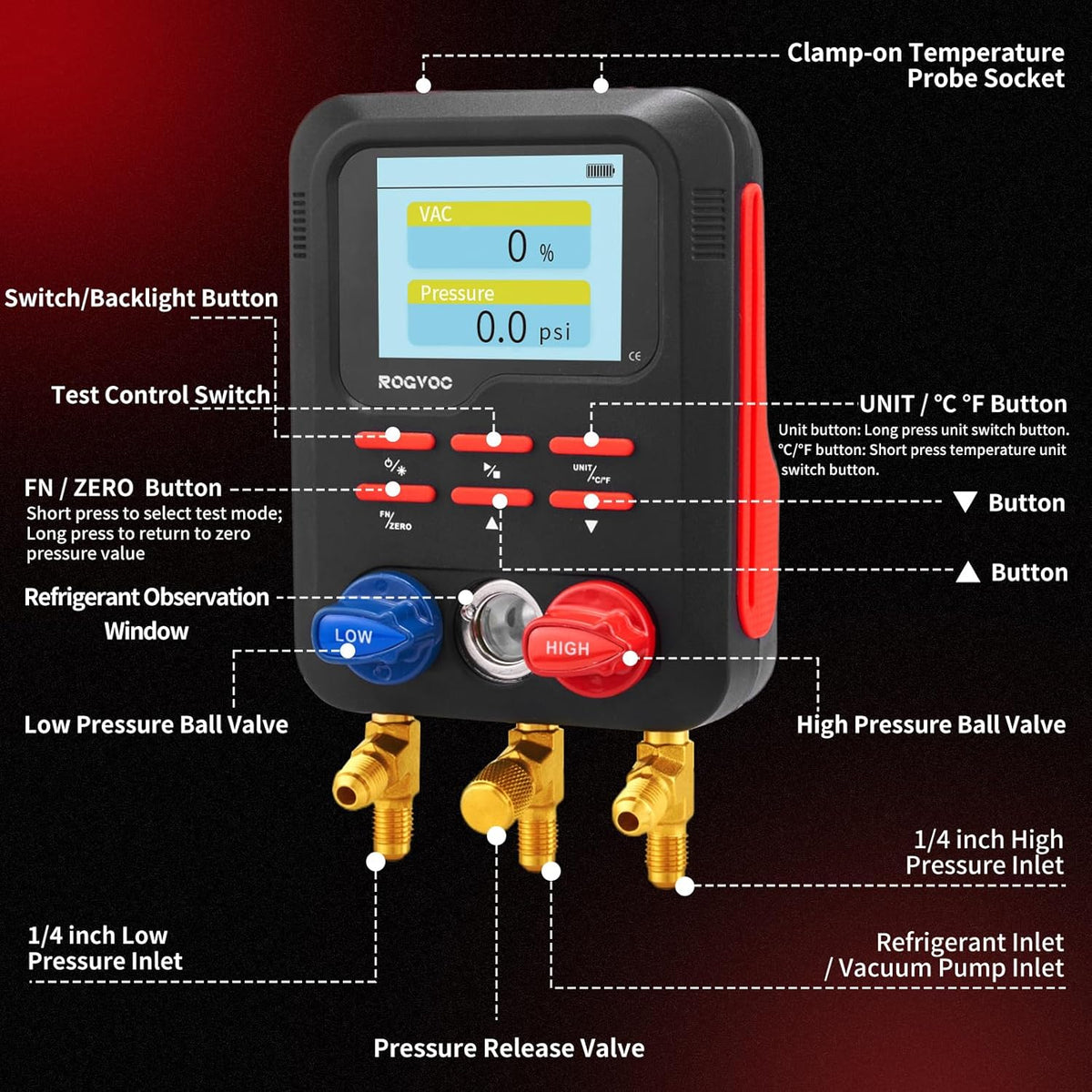 Digital Manifold Gauge, HVAC Refrigerants Digital AC Gauges Set with 2 Thermometer Clamps and 3 Hoses, for R22/R410A/R134A/1234YF Refrigerant Recharge Kit, Black