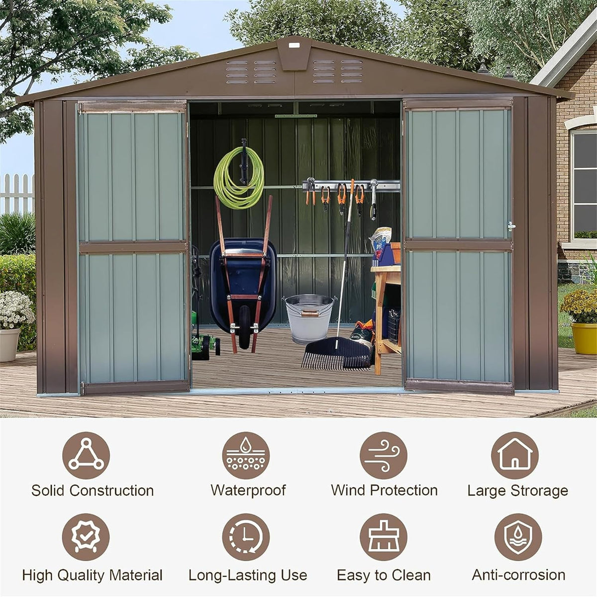 IKERY Metal Storage Shed 10' x 8' with Double Lockable Doors - Large Garden & Backyard Tool Shed for Bikes, Weather-Resistant - Brown