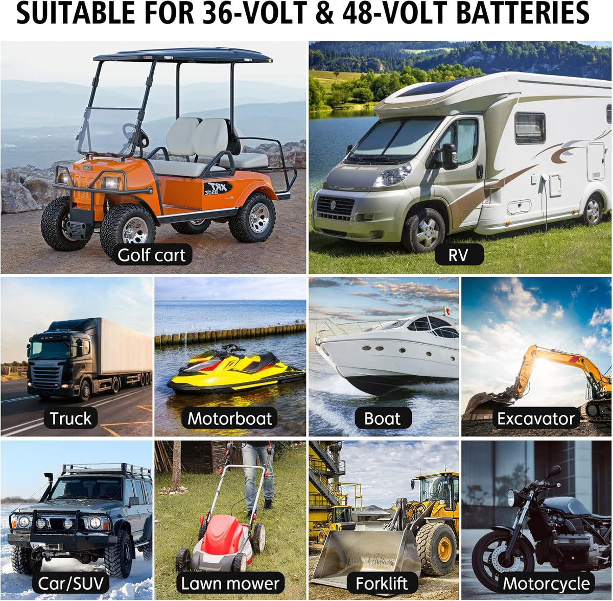 Golf cart Battery Charger, 48V 13A and 36V 18A Trickle Charger,48 Volt cart Golf Charger,for 48 Volt Club Golf Car,Lithium,LiFePO4,Lead-Acid AGM/Gel/SLA..Battery Chargers,3 Pin Round Plug
