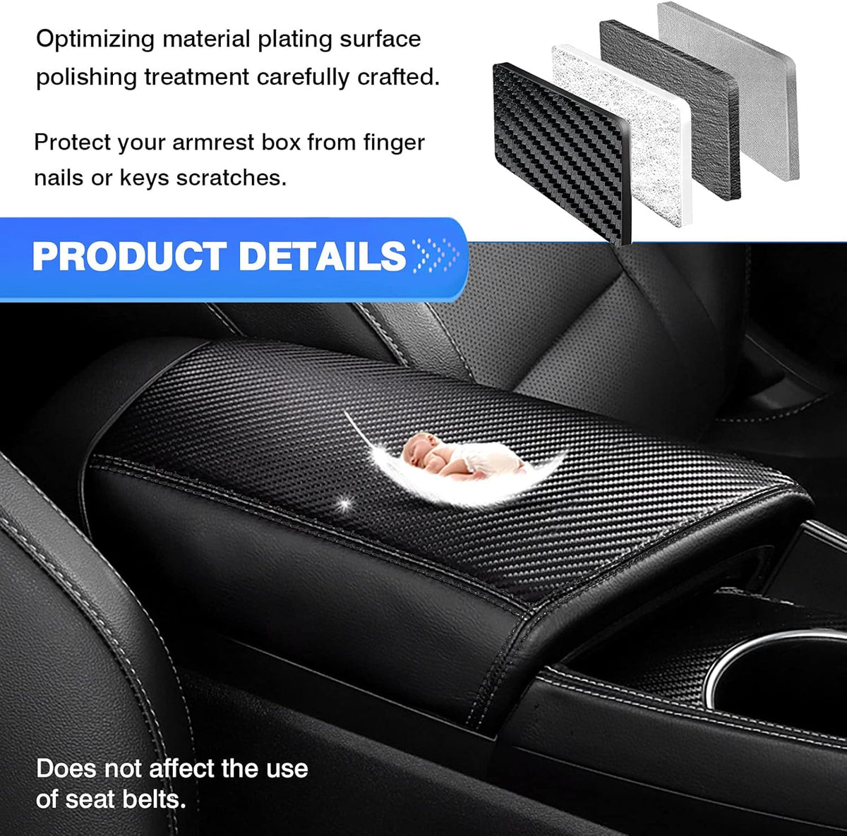 Autorder Center Console Cover for Hyundai Elantra 2021-2025 2026 Accessories Carbon Fiber Armrest Cover Anti-Scratch Leather Armrest Protector (Automatic Brake Only, Not for Handbrake)