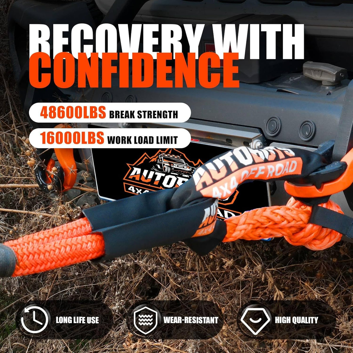 AUTOBOTS 1" x 20'Kinetic Recovery Rope (48,600lbs)，Heavy Duty Tow Rope Tow Strap for Truck ATV UTV SUV Car，Offroad Recovery Kit
