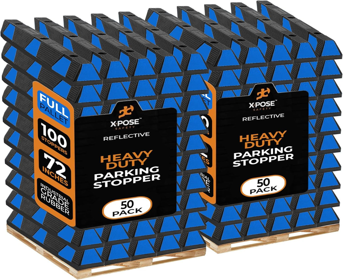 Xpose Safety 72" Heavy Duty Rubber Parking Stopper – Bulk 2 Full Pallets 100 Pack Wheel Blocks for Garage, Driveway, or Ramp – Car Bumper Stop with Blue Reflective Strips – Removable Floor Mount
