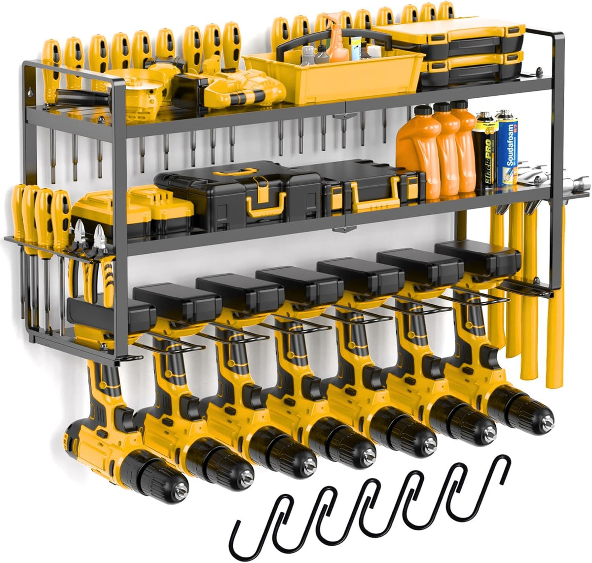 Power Tool Organizer Wall Mount 3 Tier 7 Drill Holders support up to 300Lbs - Metal Cordless Garage Wall Organizer for Cordless Drill, drill holder Rack Suitable for workshop organizers and storage