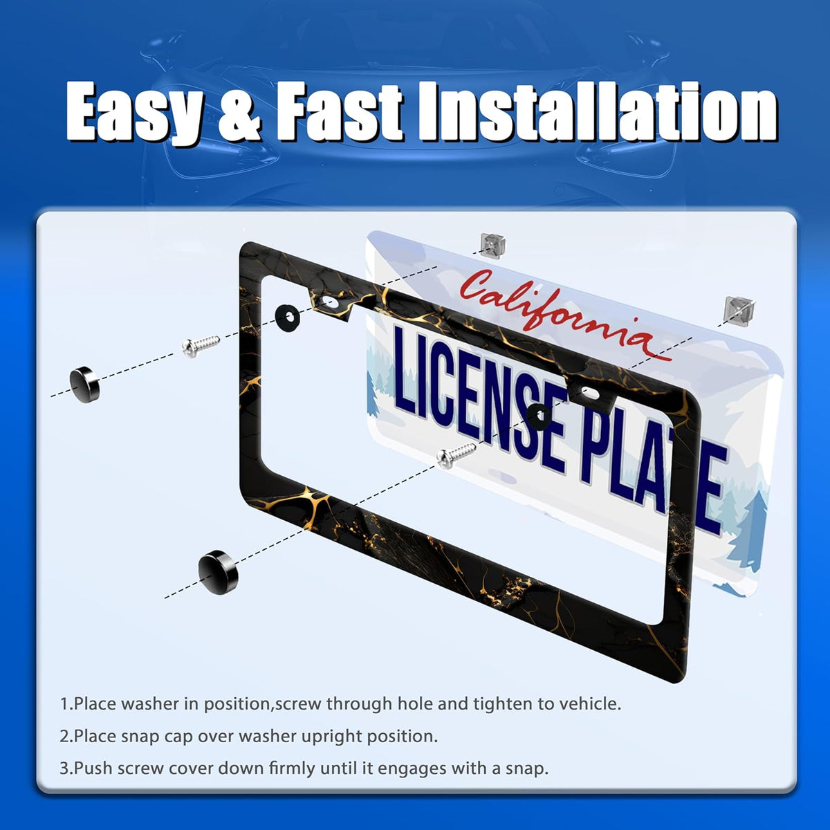 Marble License Plate Frame Black Gold Marble Printed License Plate Stainless Steel Funny License Plate Holder Men Women Colorful Car Accessory Decoration 12.3" x 6.3"