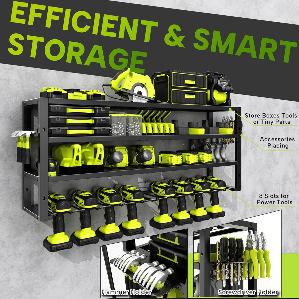 Large Power Tool Organizer Wall Mount,4 Layers 8 Drill Holder Heavy Duty Metal Cordless Tool Storage Loads 420lbs with Screwdriver Holder,Utility Racks for Garage, Workshop, Pegboard, Shed - 32 Inch