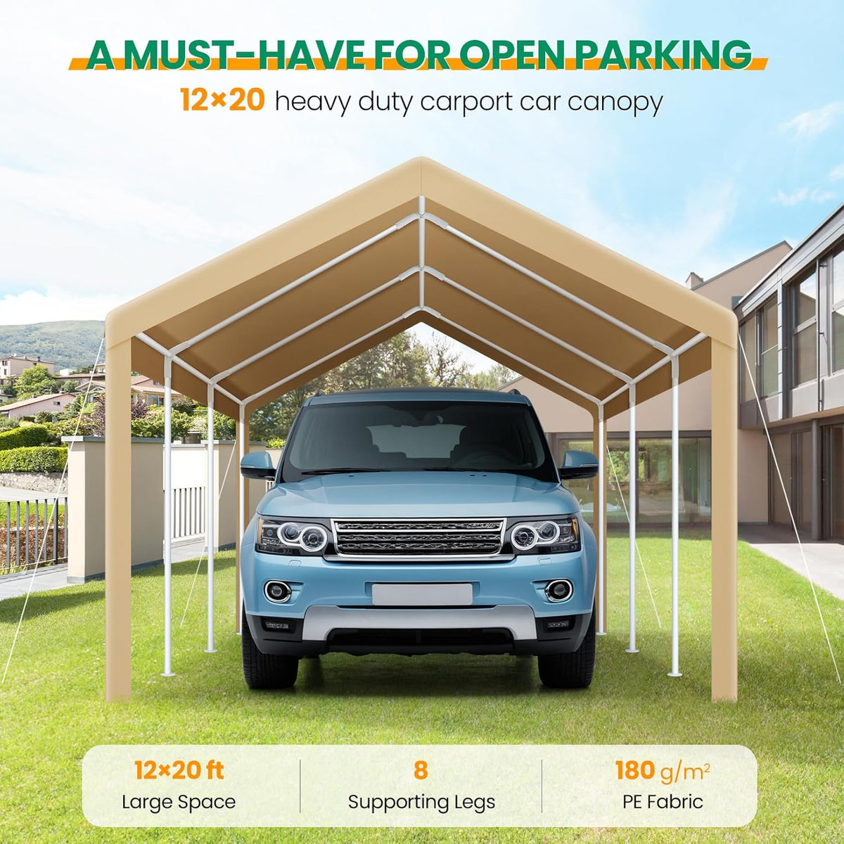 COBIZI Carport Canopy 12x20 Heavy Duty Car Tent Garage, Galvanized Frame Car Canopy Outdoor Shelter Waterproof & UV Protected with Built-in Sandbags & All-Season Tarp for Car Boat Truck, Khaki