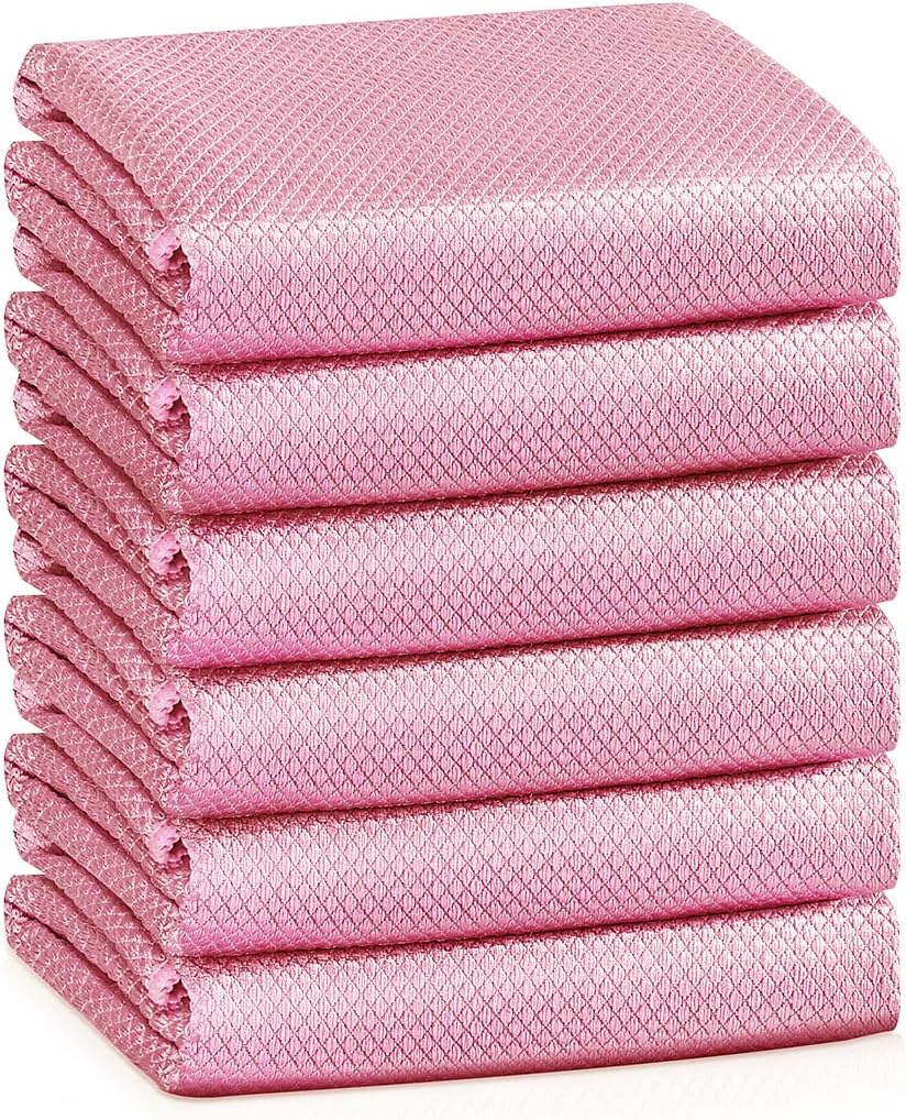 Streak Free Miracle Cleaning Cloths Easy Clean Nanoscale,Fish Scale Microfiber Window Mirror Glass Car Stainless Steel Cleaning,Lint Free Dish cloth Wine Glass Polishing Towel,Reusable,Pack 6,Pink