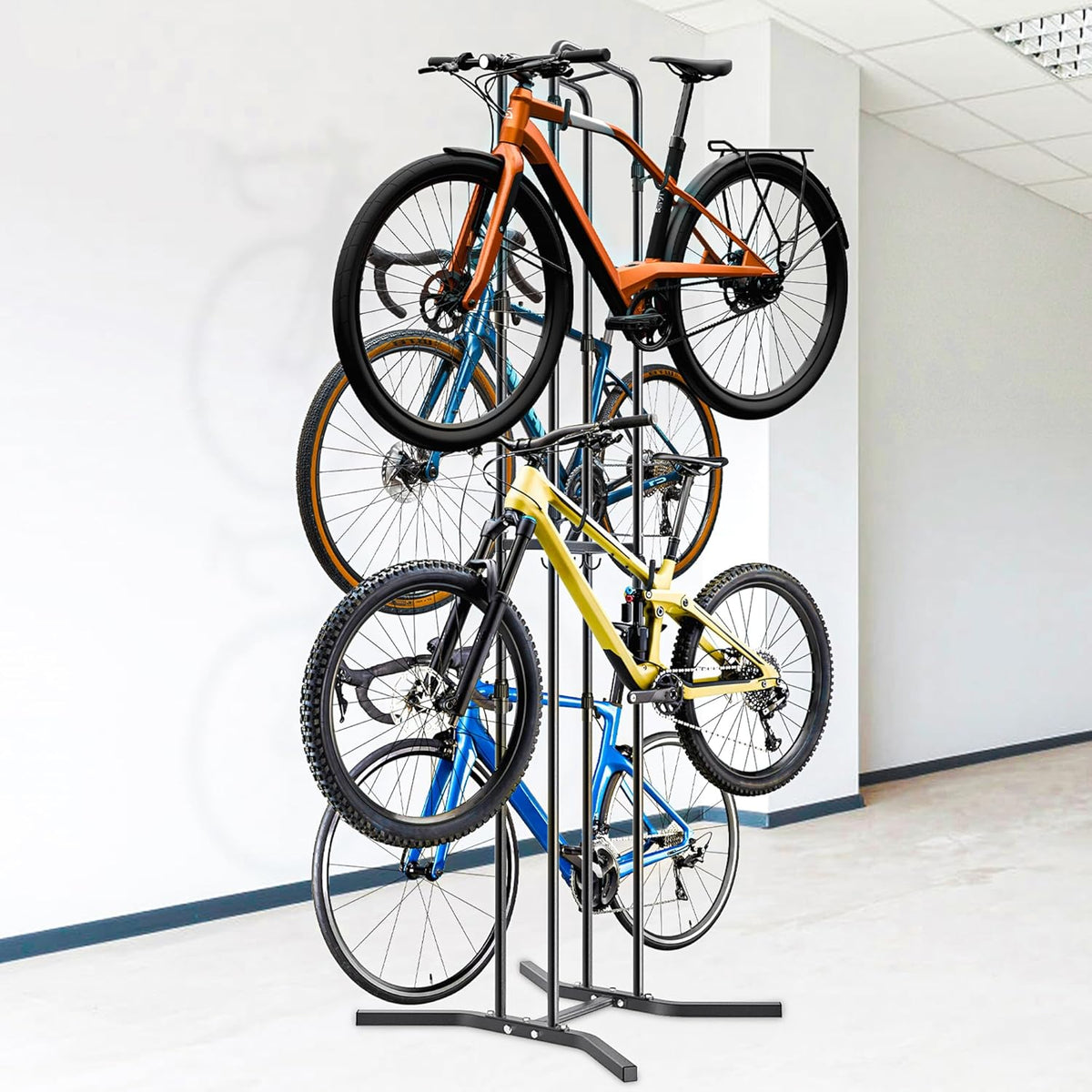 Dolibest 4-Legged Bike Racks Stands with Flexible Hooks, Heavy-Duty Floor Standing Bicycle Rack for Up to 4 Bikes, with 8 Adjustable Height and Angle Hooks, Easy to Install for Any Style Bicycle
