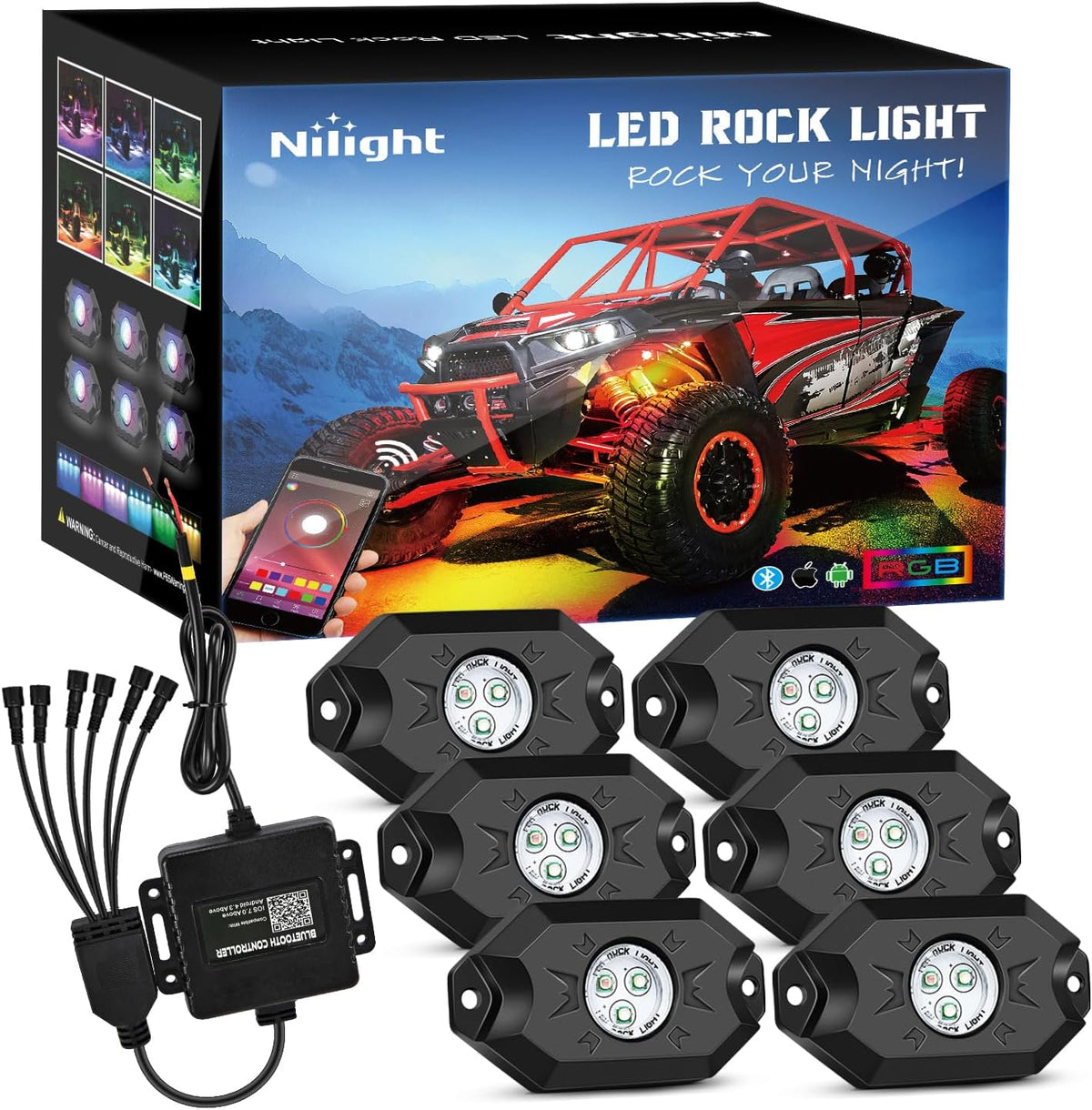 Nilight RGB LED Rock Lights Kit, 6 pods Underglow Multicolor Neon Pod with Bluetooth App Control Flashing Music Mode IP68 Exterior Wheel Well Light for Truck ATV UTV RZR SUV