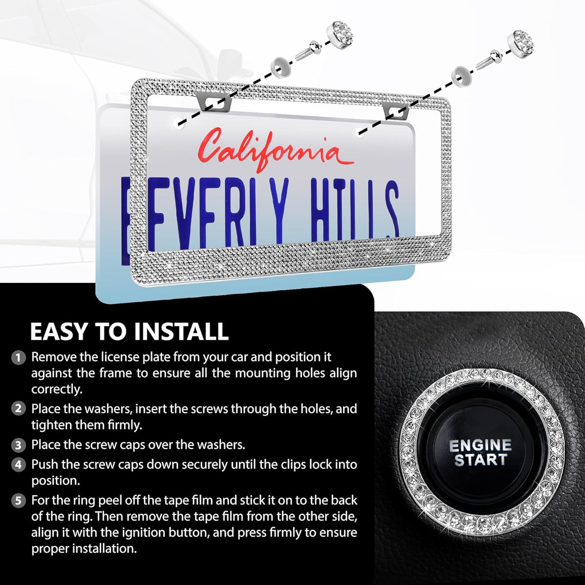 2 Pack Silver Bling License Plate Frames for Women - Stainless Steel with Diamond Sparkly Rhinestone License Plate Holder - Perfect Birthday for Auto Lovers