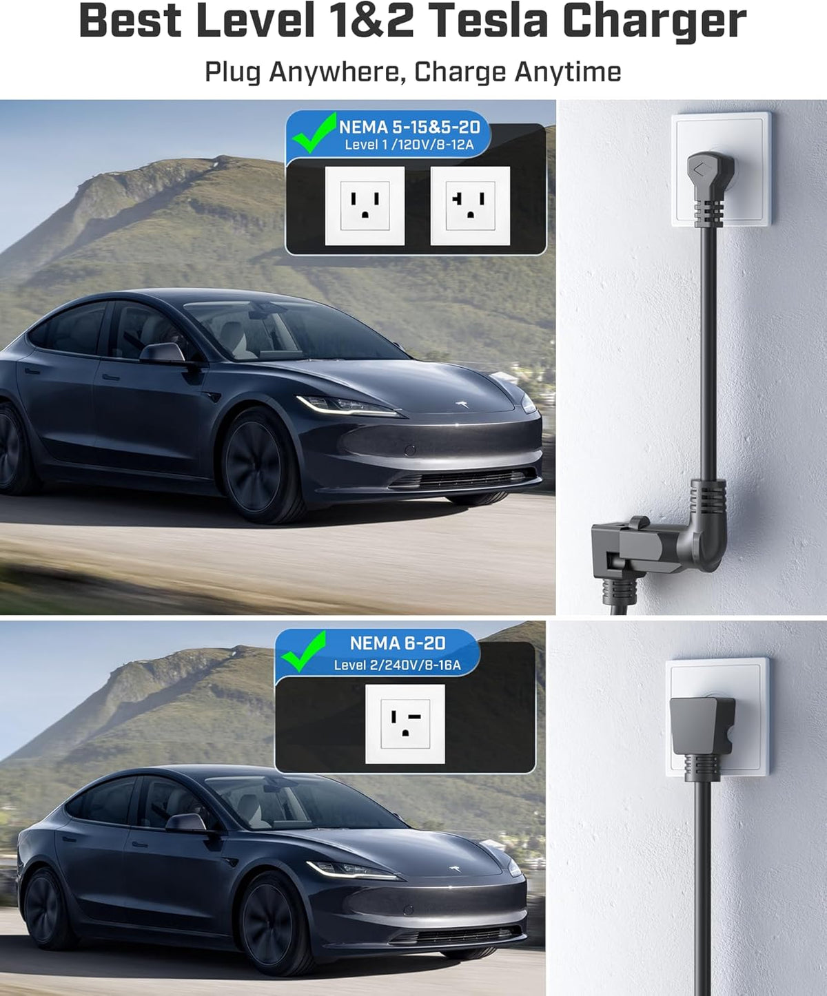 2025 Upgraded Level 1&2 Tesla Charger, 8-16A Adjustable Current, Timer & Smart Display, Tesla Mobile/Home Charger, 21Ft Charging Connector for Model Y/3/X/S/Cybertruck, NEMA 5-15 & 6-20 Plug, 110-240V