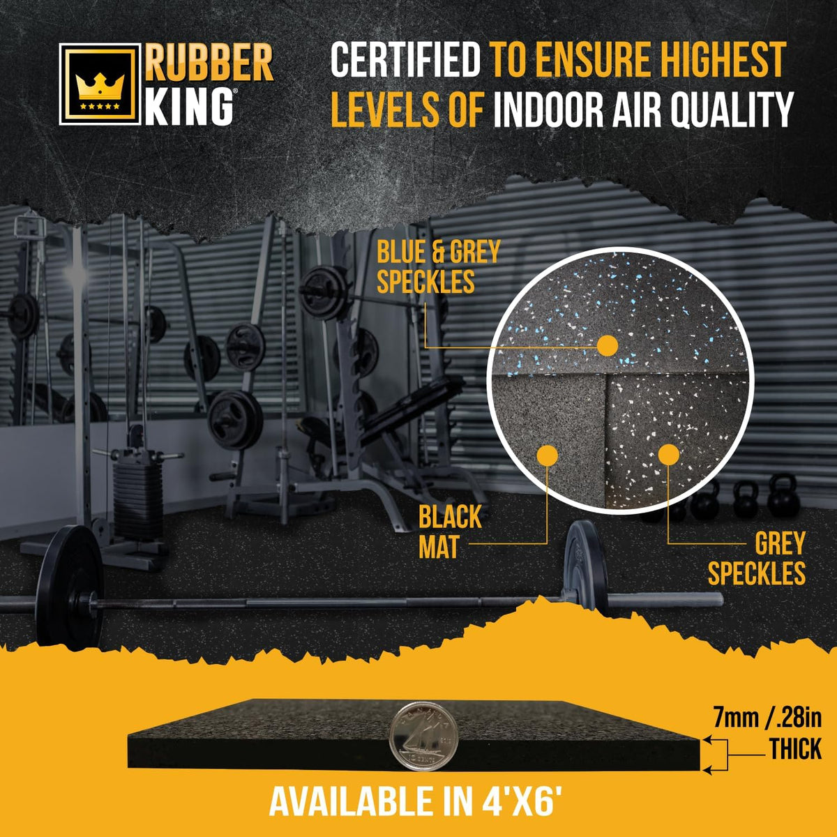 Rubber King Multi-Purpose Exercise Mat - 100% Recycled Thick Rubber Mat for Home Gym Flooring, Non-Slip, Low-Odor Durable Workout Mat for Indoor/Outdoor, Shoe-Friendly