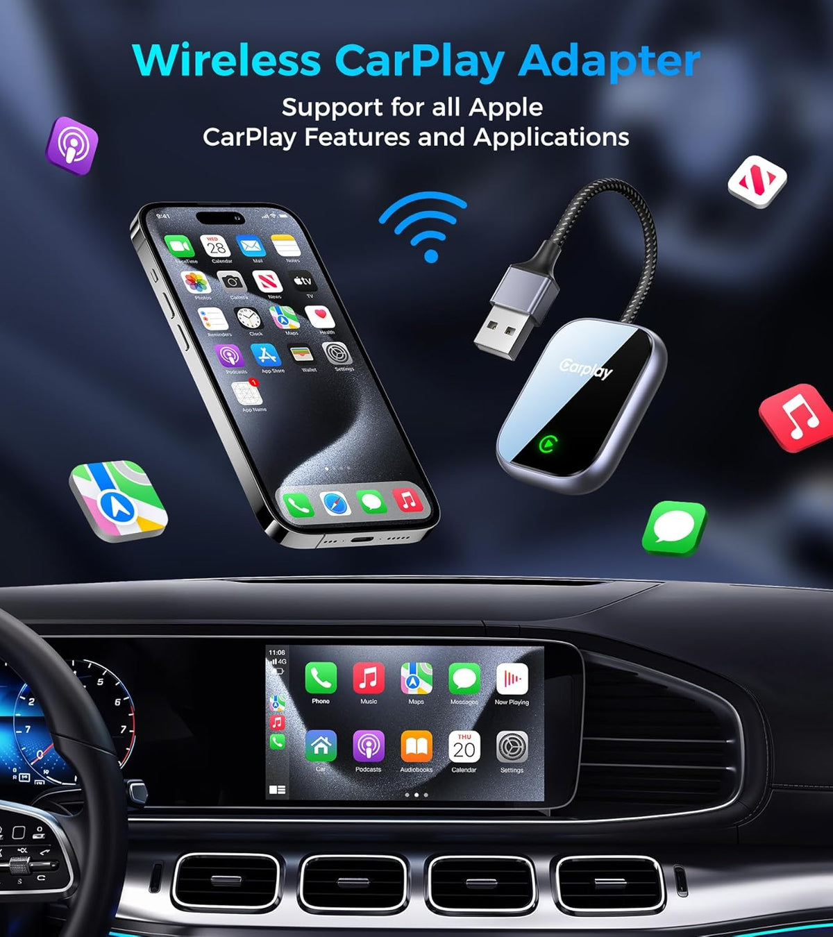 2025 Upgraded Wireless CarPlay Adapter for Apple iPhone, Converts Wired to Wireless Car Play Adapter, Auto Connect, Mini Size, Compatible with Cars from 2016 & iOS 10+