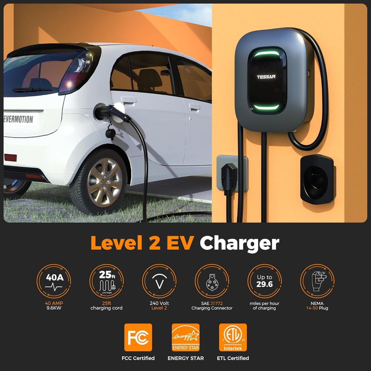 EV Charger Level 2, TESSAN 40A/240V Electric Vehicle Fast Charging Station for Home, Electric Car Charger Equipment 25ft Cable with Holder for Indoor, Outdoor, NEMA 14-50 Plug