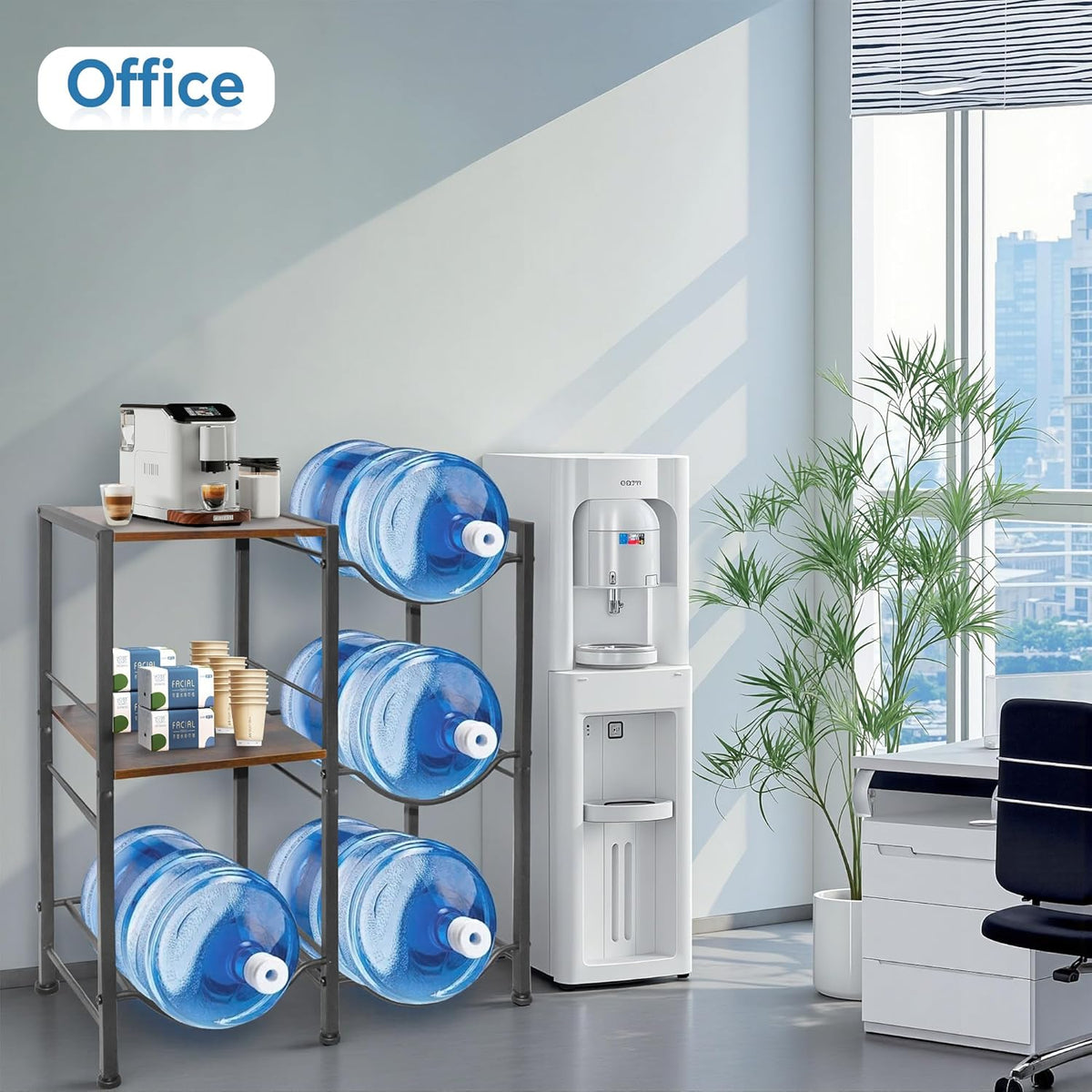 3-Tier 5 Gallon Water Bottle Holder, Heavy Duty Water Jug Rack with Wood Top Shelf, Water Dispenser Stand for Kitchen, Office, Garage