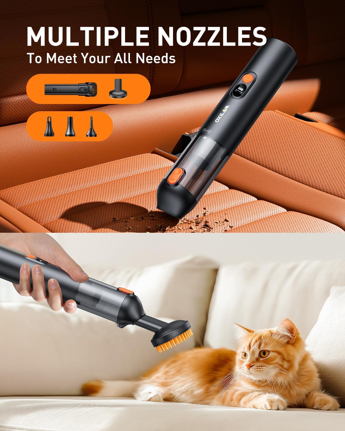 OXILAM Car Vacuum Portable - Handheld Vacuum Cordless 14000PA High Power, Blow & Suction 2 in 1, Up to 30 Mins Runtime, Cordless Vacuum Cleaner for Home, Pet, Car, Office (Black)