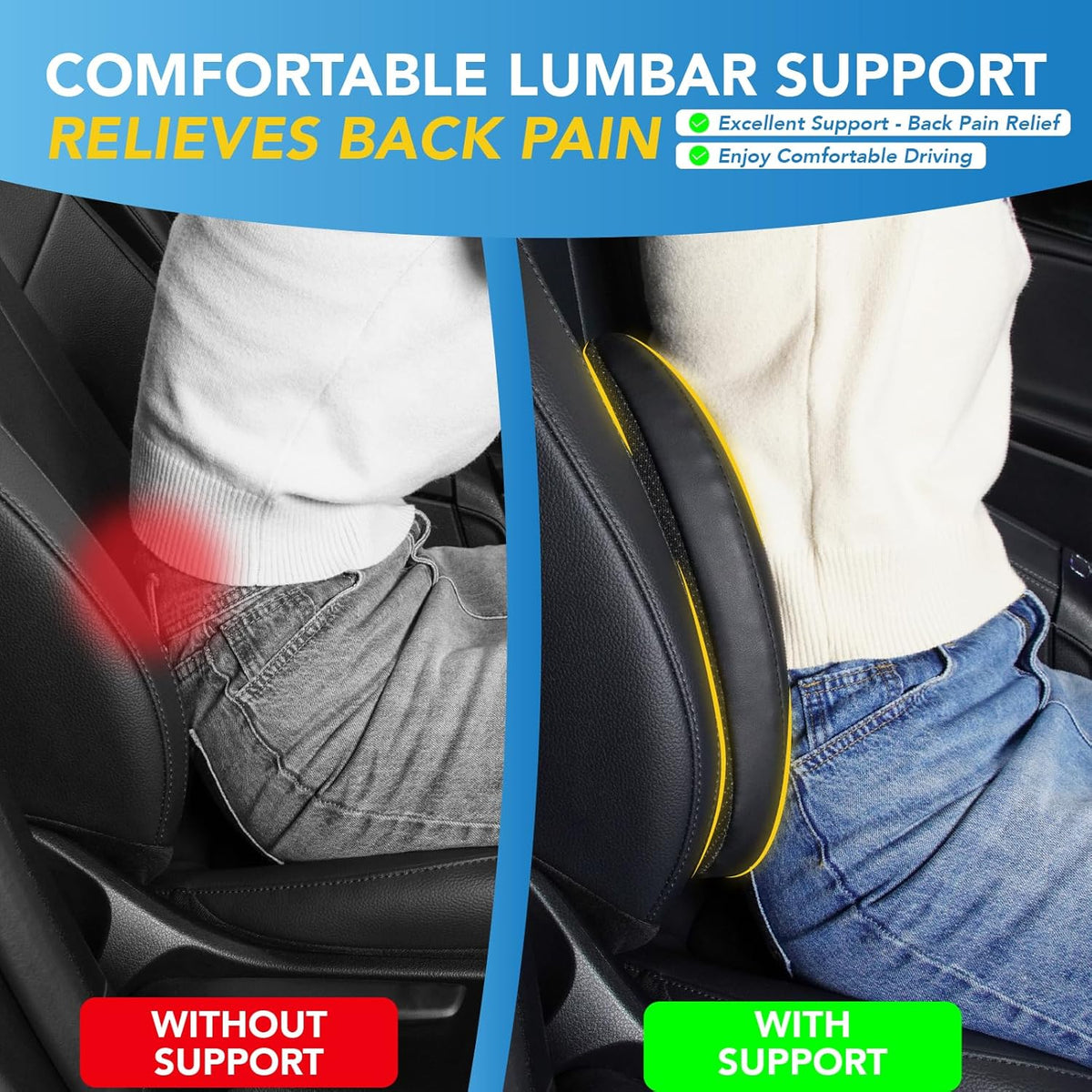 Lumbar Support Pillow for Car, Memory Foam Lumbar Pillow for Lower Back Pain Relief - Back Cushion for Driving, Chair Support for Car-Office Chair, Wheelchair - Classic Black