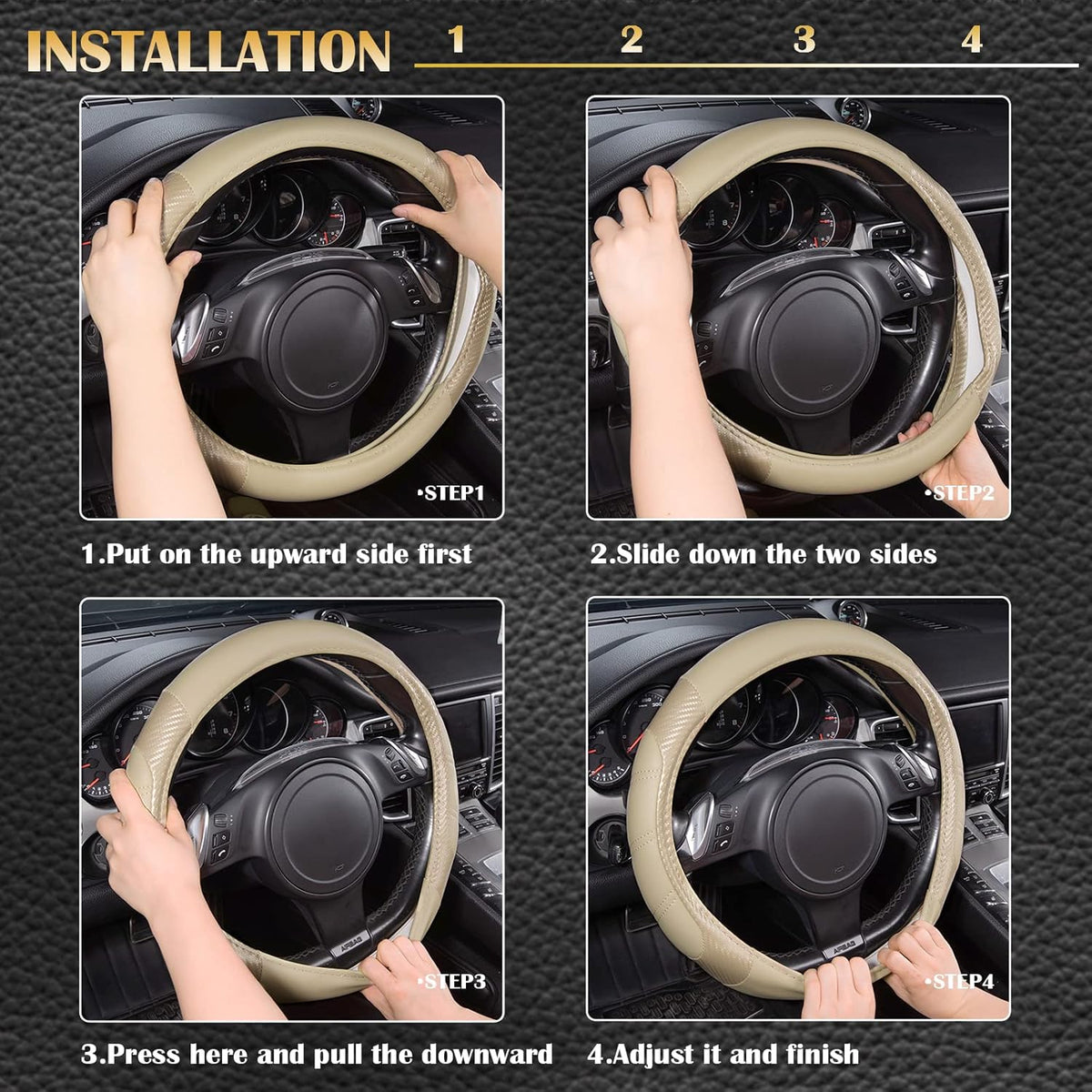 CAR PASS Line Rider Microfiber Leather Sporty Steering Wheel Cover Universal Fits for 95% Truck,SUV,Cars, Anti-Slip Safety Comfortable Desgin (Beige-Carbon Fiber)