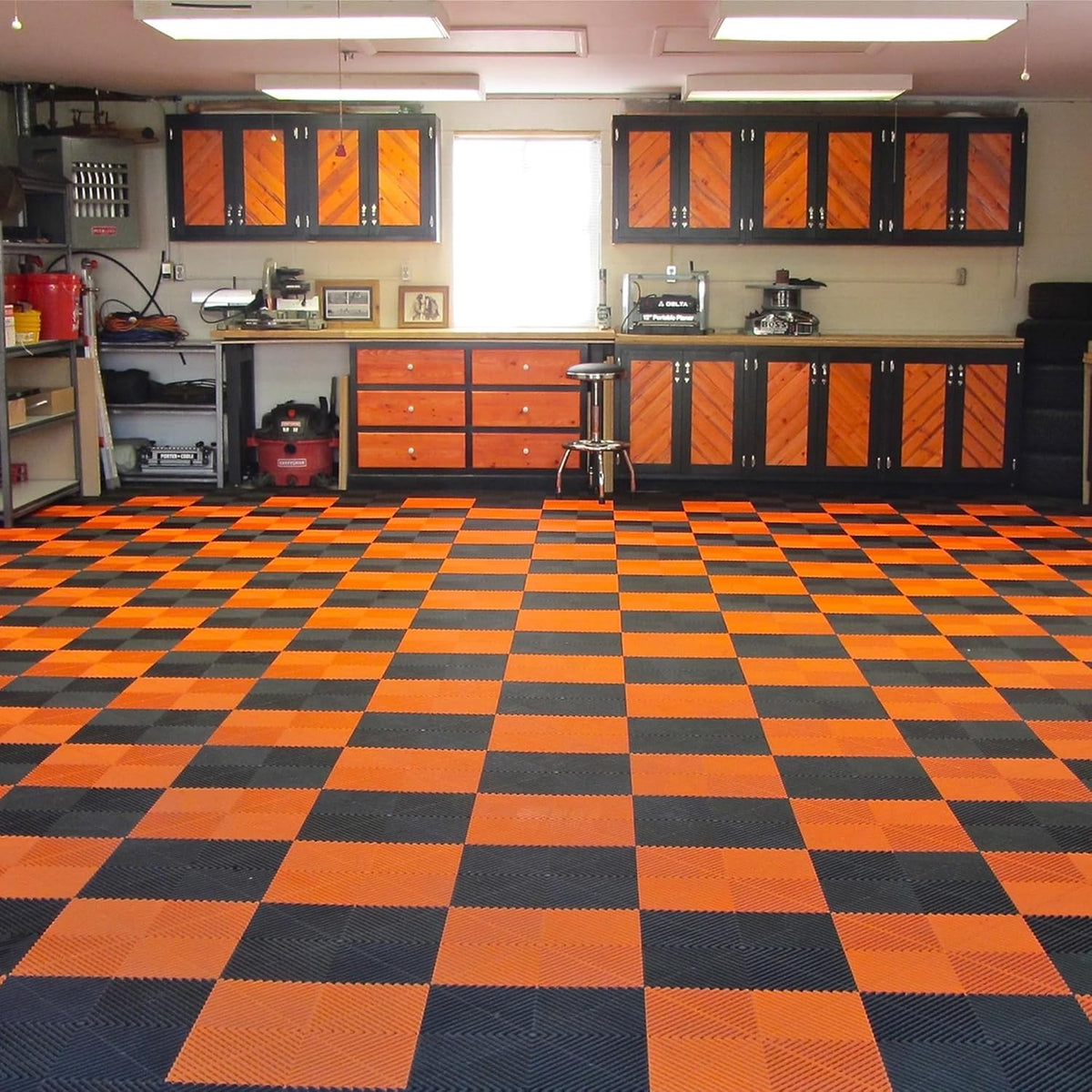 15.7"x15.7" Garage Flooring Tiles, Non-Slip Interlocking Plastic Garage Floor Mat, Garage Organization & Garage Storage, Vented Pattern (Orange, 25PCS)
