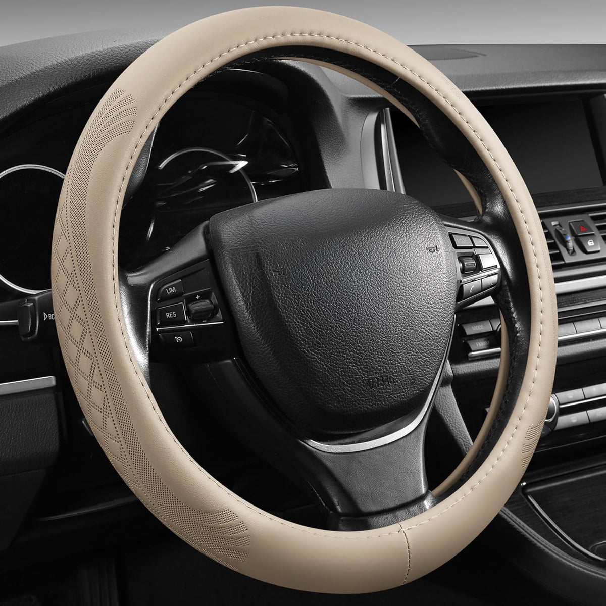 【2025 Model】 Breathable Soft Leather Car Steering Wheel Cover for Men Women, Non-Slip, Comfortable,Universal 15 inches Steering Wheels, Beige