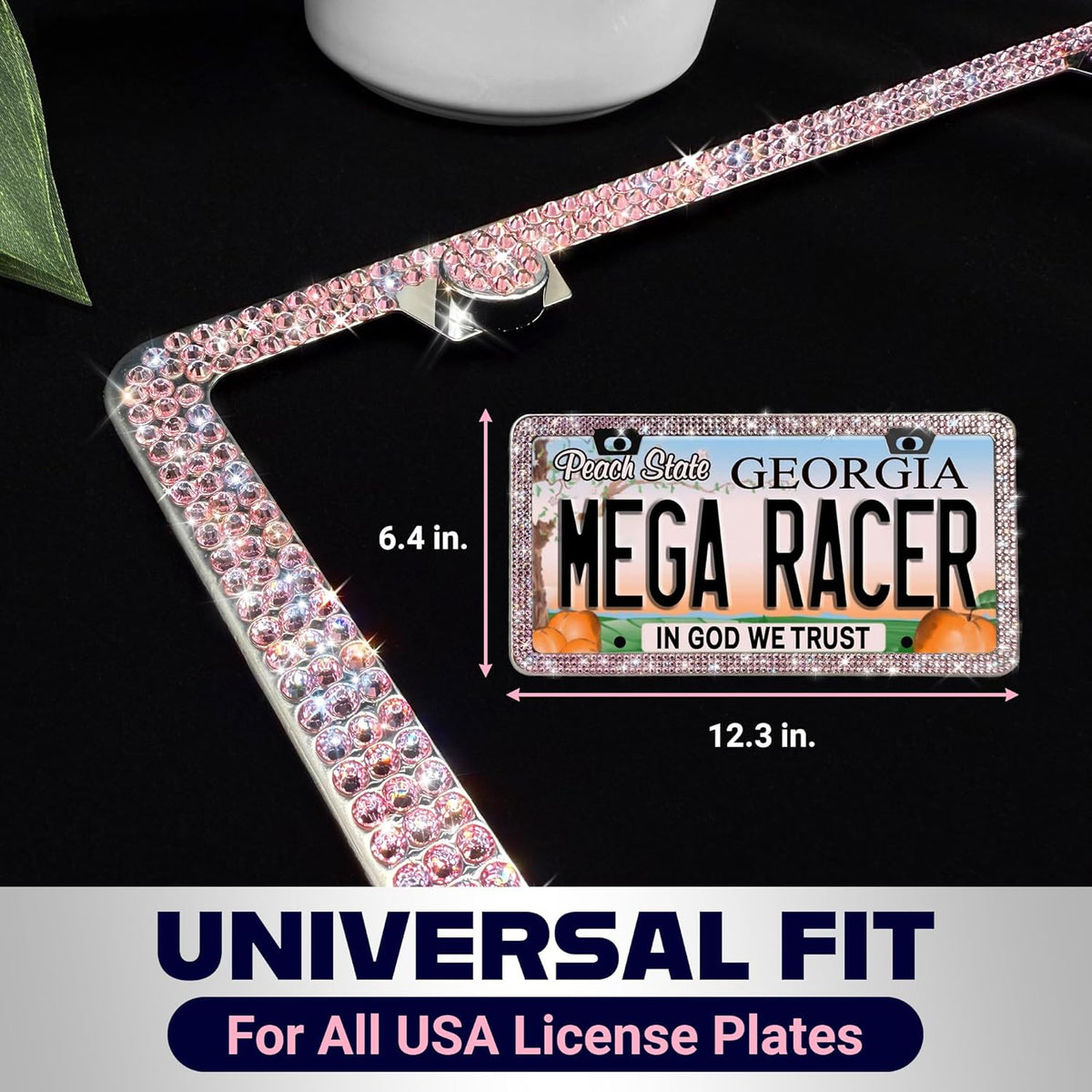 Glamorous Bling License Plate Frame for Women - 1 Pack, 800 Premium Pink Rhinestones, Rust-Free Stainless Steel, Street Legal Slim Design, Sparkly Diamond Car Tag Holder with Glitter Crystal Covers