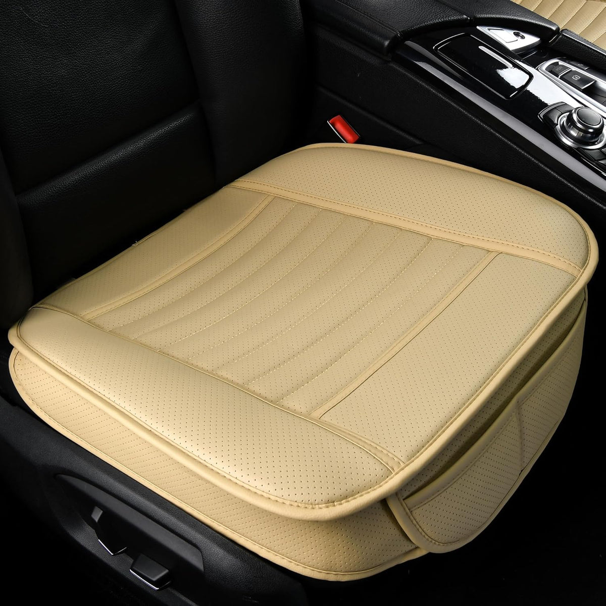 1pc Edge Wrapping Comfortable Car Front Seat Cover Cushion Pad Mat Protector, Anti-Slip Bottom Seat Cushion Cover for Auto with PU Leather(Beige)