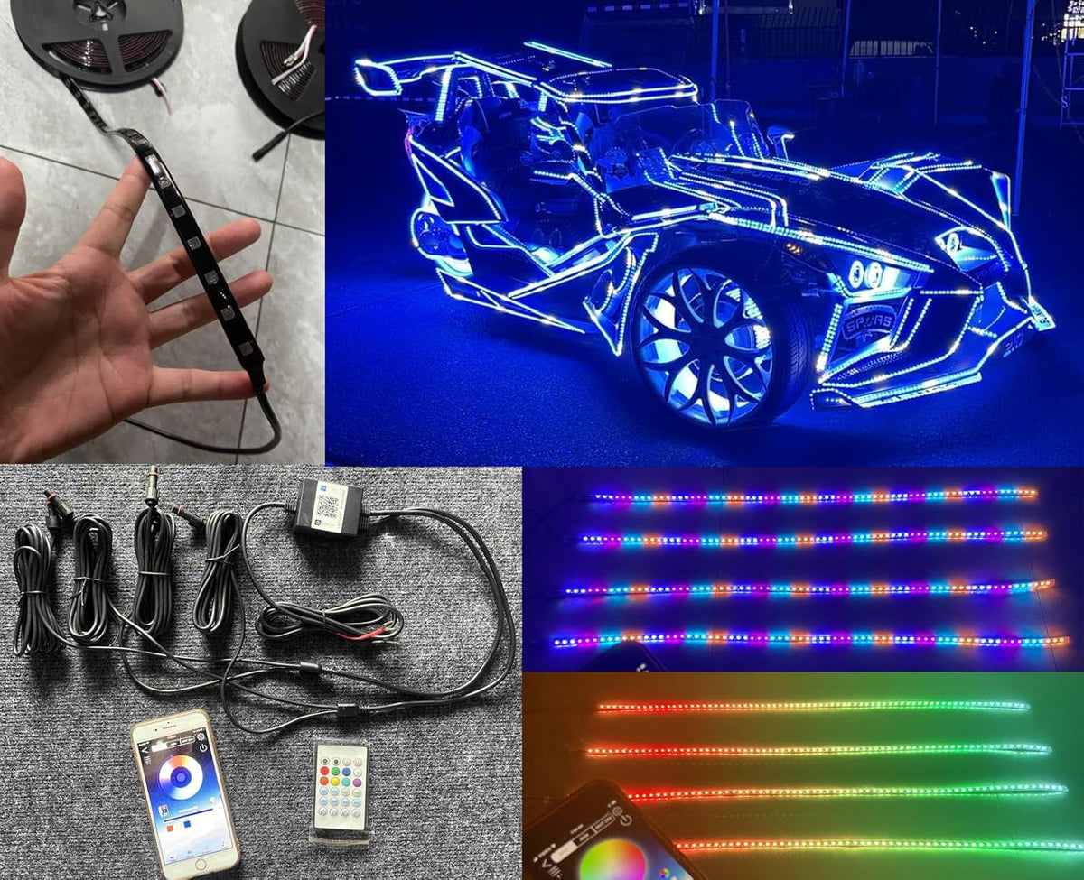 Black Out Full Tinted Smoked LEDs x4PCS 5FT 1.4Meters 60" RGB Dream Color Chasing IP65 Light Strips for Car Truck Slingshot Golf Cart Vehicle Underbody Wheel Hood Grille Lights Bluetooth + Remote