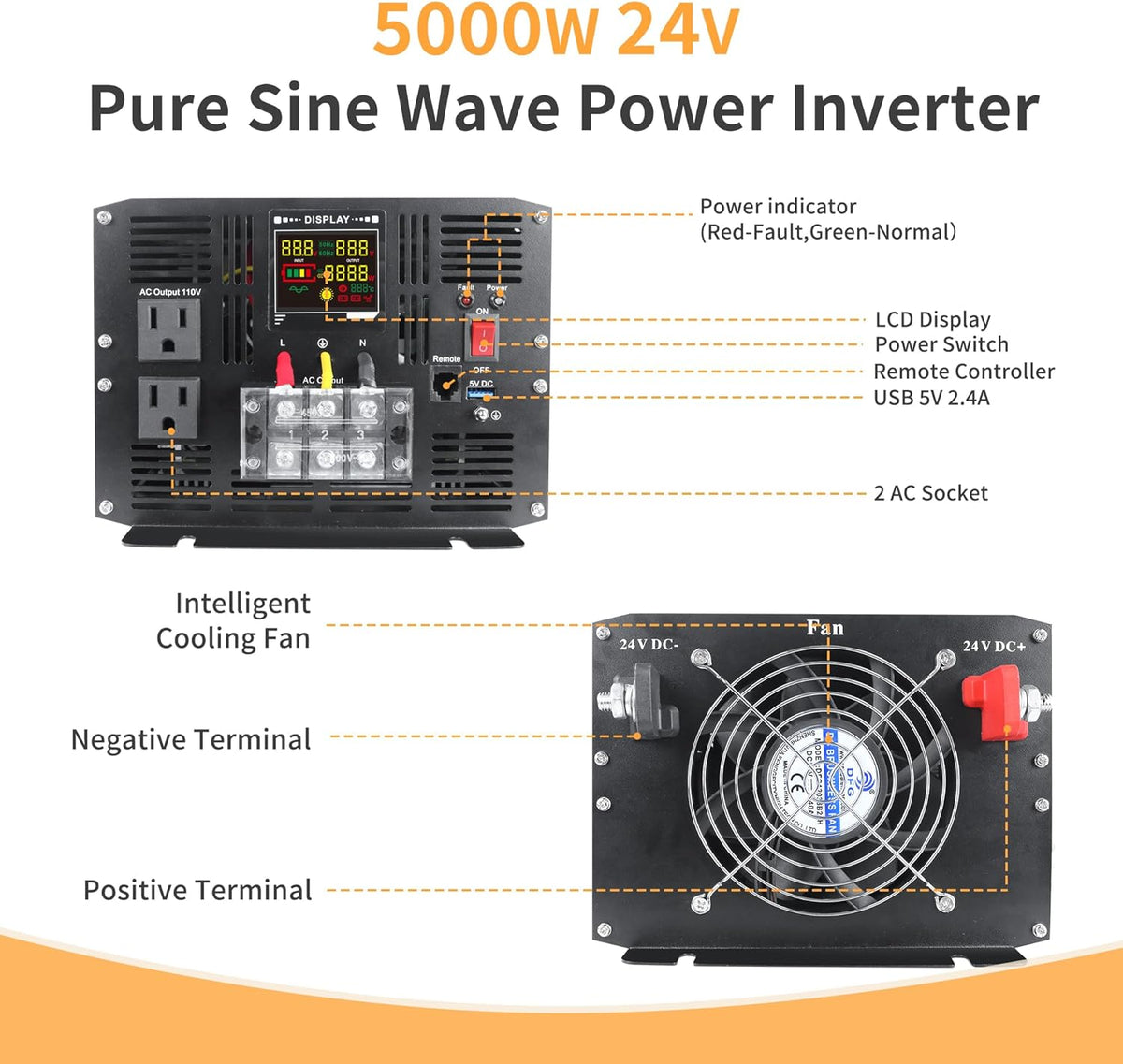 5000 Watt Pure Sine Wave Power Inverter DC 24V to 110V/120V AC Converter with 2 AC,5V 2.4A USB Charging Ports, Car Solar Power Inverters with LCD Display for Home RV Truck