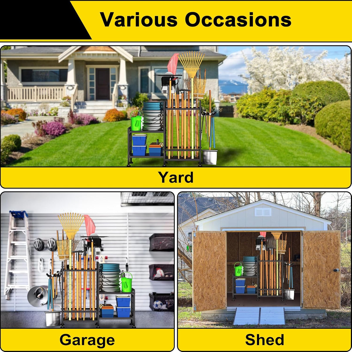 GIOTORENT 5 Tier Garden Tool Organizer, Metal Yard Tools Storage Rack, Garage Storage and Organization, Heavy Duty Garden Tool Organizer for Garage, Yard, Patio, Shed, Indoors and Outdoors, Black