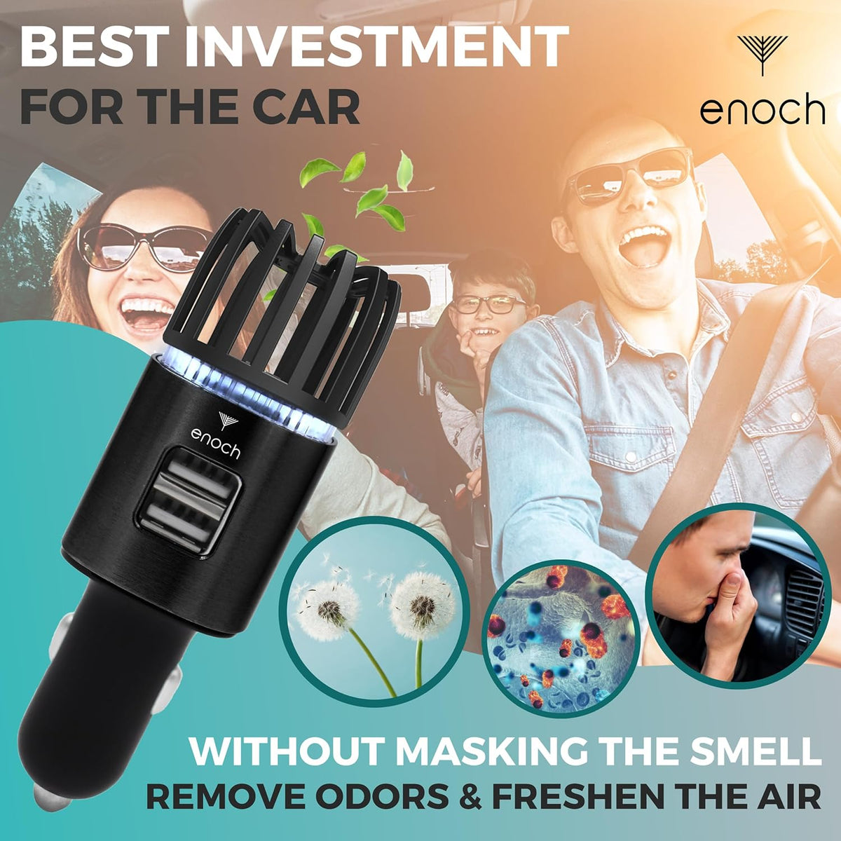 Enoch Car Air Purifier Premium Air Ionizer - 12V Plug-In Ionic Ozone Deodorizer Accessory with Dual USB Car Charger - Eliminates Cigarette Smoke, Pet and Food Odors, Dust (Black)