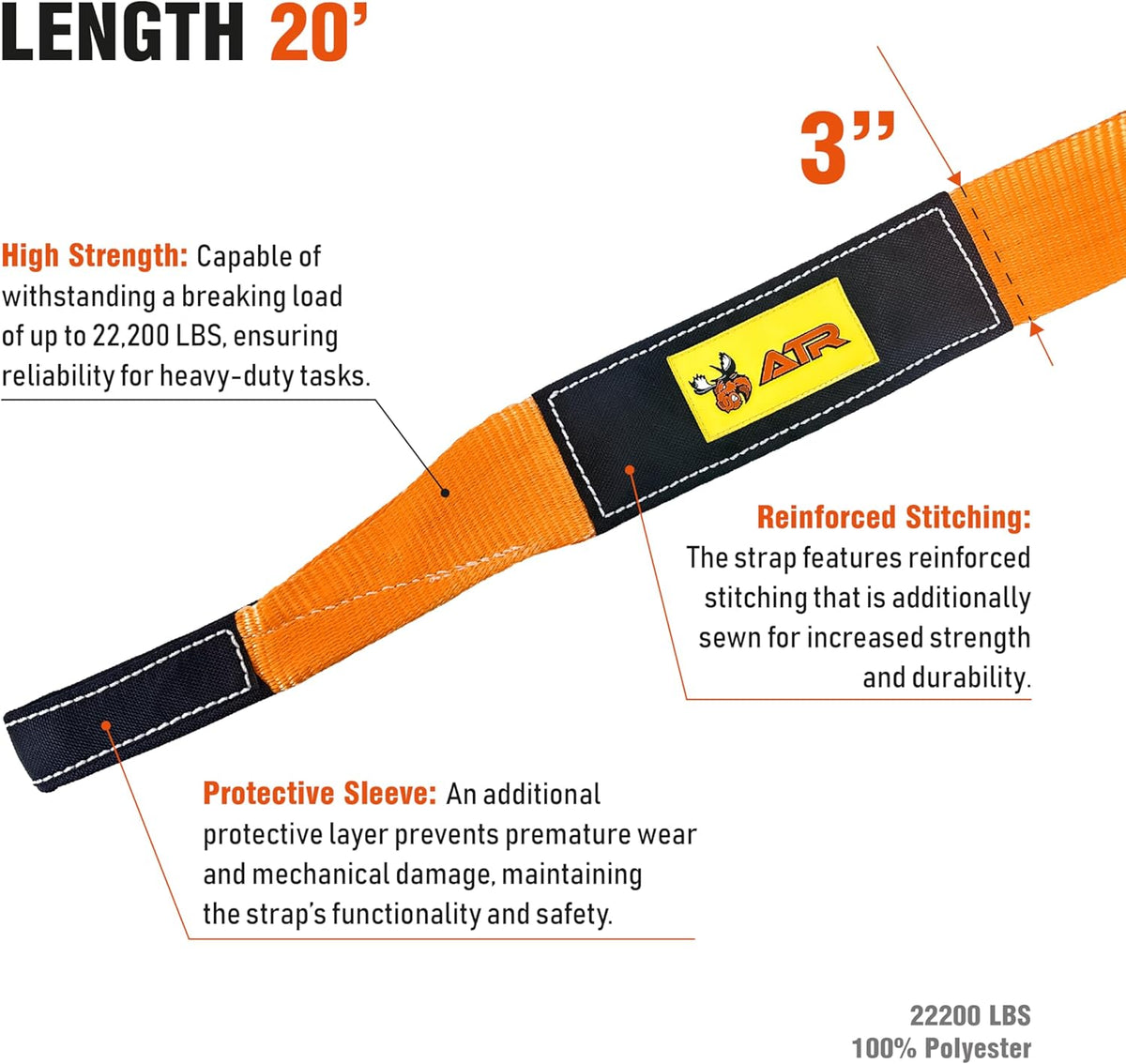 ATR Recovery Tow Strap 3" x 20ft – 22,200 lbs Breaking Strength, Heavy Duty Snatch Strap for Truck, SUV, Off-Road Pulling, Tow Rope with Storage Bag