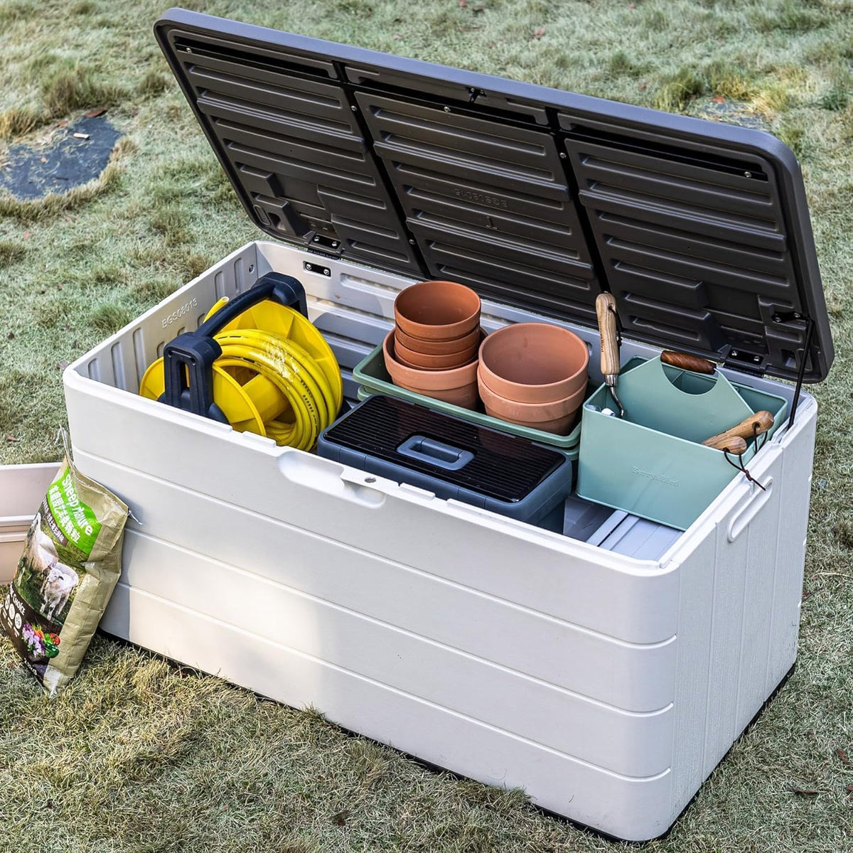 100 Gallon Plus Resin Deck Box, Waterproof Outdoor Storage Bin for Patio Furniture, Pool Accessories, and Garden Tools, Lockable & UV-Resistant, White