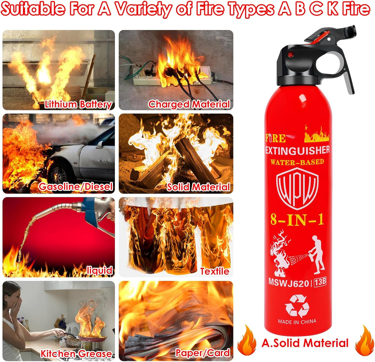 WPW 620ml Large Upgraded 8-in-1 Fire Extinguisher for Home with Wall Mount Portable Fire Extinguisher For Vehicle Car Boat House Kitchen Emergency Supplies, Water-Based Solution For A, B, C, K Fire