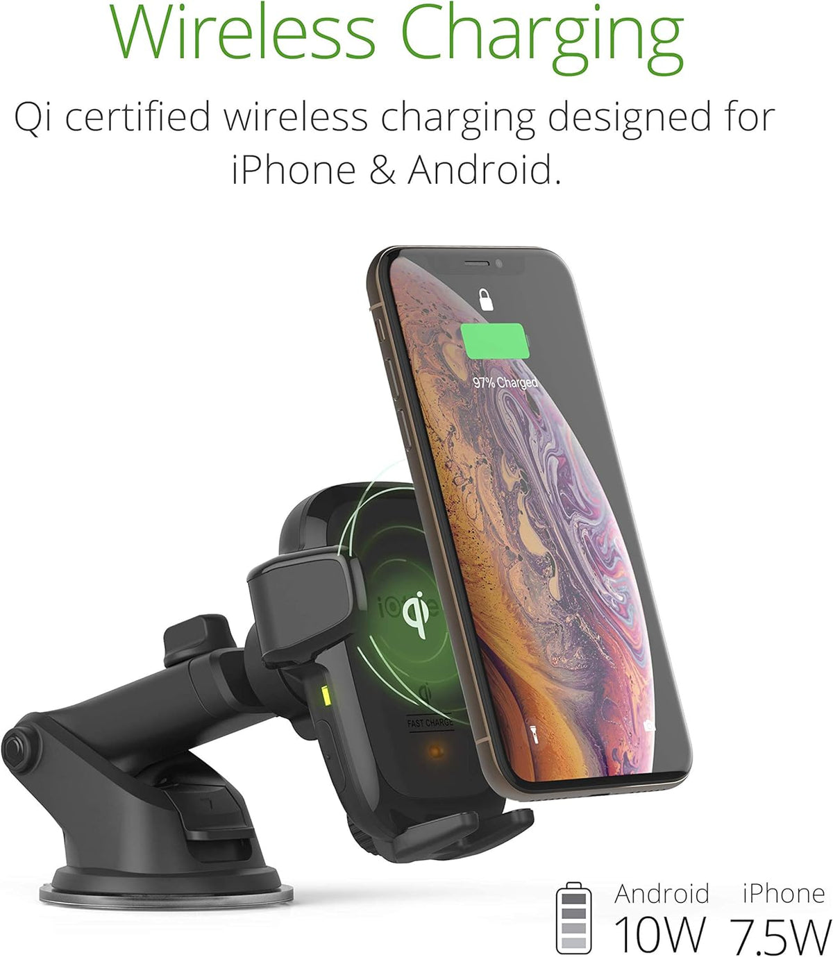 iOttie Auto Sense Qi Wireless Car Charger - Automatic Clamping Dashboard Phone Mount with Wireless Charging for Google Pixel, iPhone, Samsung Galaxy, Huawei, LG, and other Smartphones.
