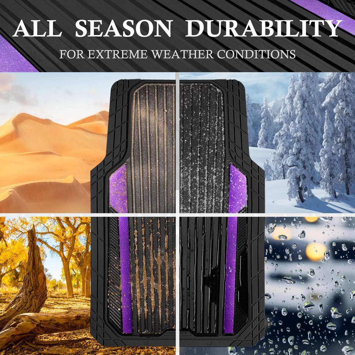 CAR PASS Heavy Duty Rubber Car Mats Metallic,Aluminum Film All Weather Floor Mats Waterproof Universal Trim to Fit SUVs Sedans Vans 4 Piece Anodized Deep Dish Two-Tone Sporty Black Purple Chrome