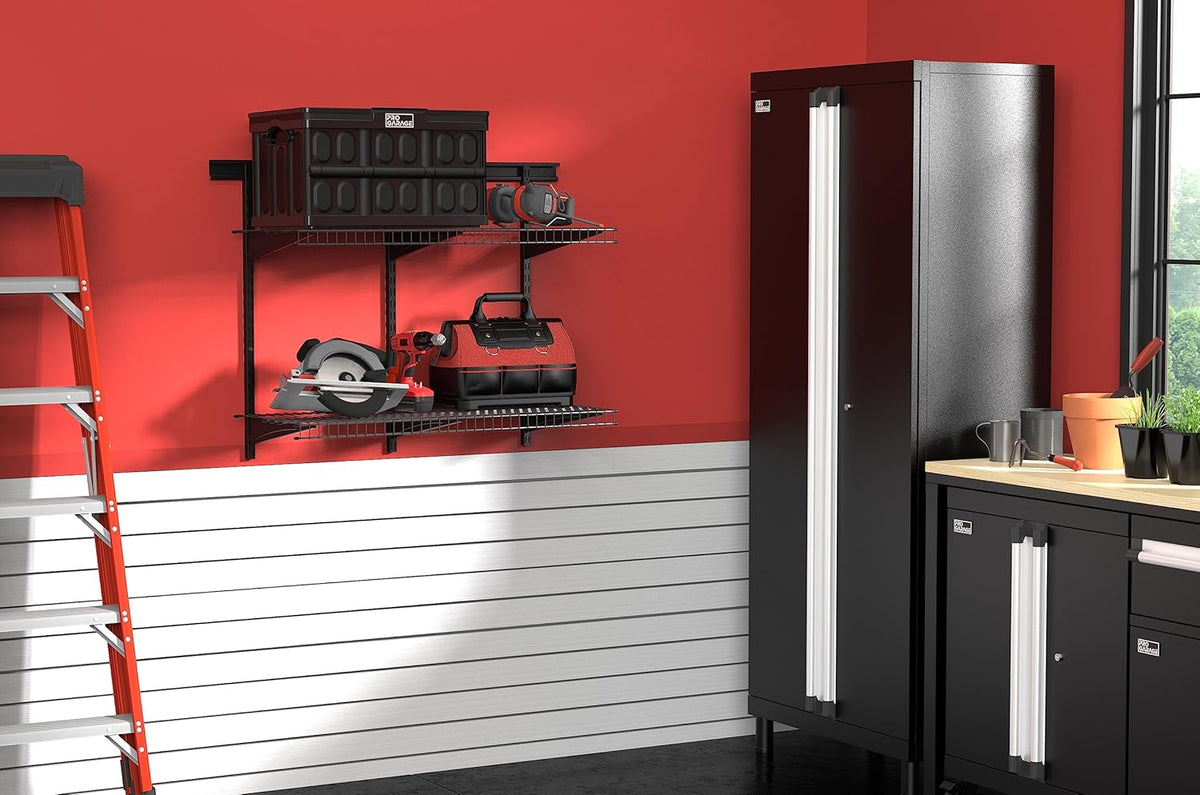 ClosetMaid MaxLoad Heavy Duty Wall Shelf Kit for Garage, 2 Shelves, Adjustable ShelfTrack Wire Shelving, Black Finish