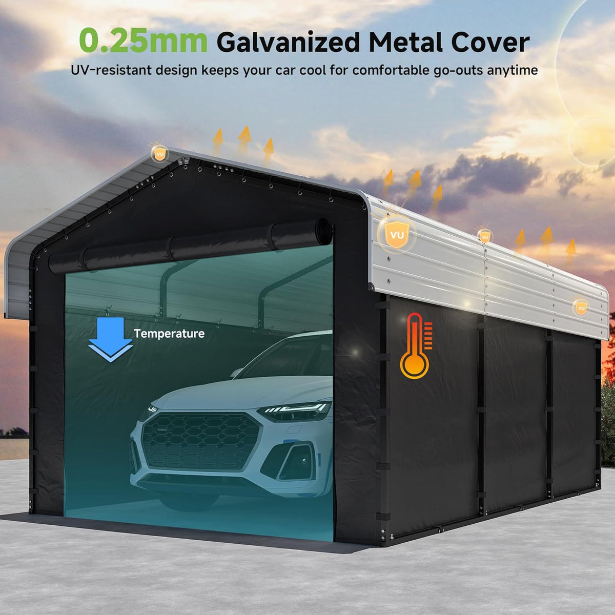 Real Relax 10×15FT Heavy Duty Carport with Removable Sidewalls, Metal Car Port Multi-Use Outdoor Storage Trucks, Cars, Boats, Galvanized Metal Roof, Cream White
